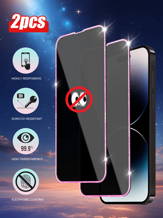 2pcs Pink Shiny Diamond Edge Tempered Glass Screen Protector, Anti-Spy Anti-Peeping, Compatible With Apple 11/12/13/14/15 Pro Max/16 Plus/16 Pro/16 Pro Max/16e/17/17 Air/17 Pro/17 Pro Max