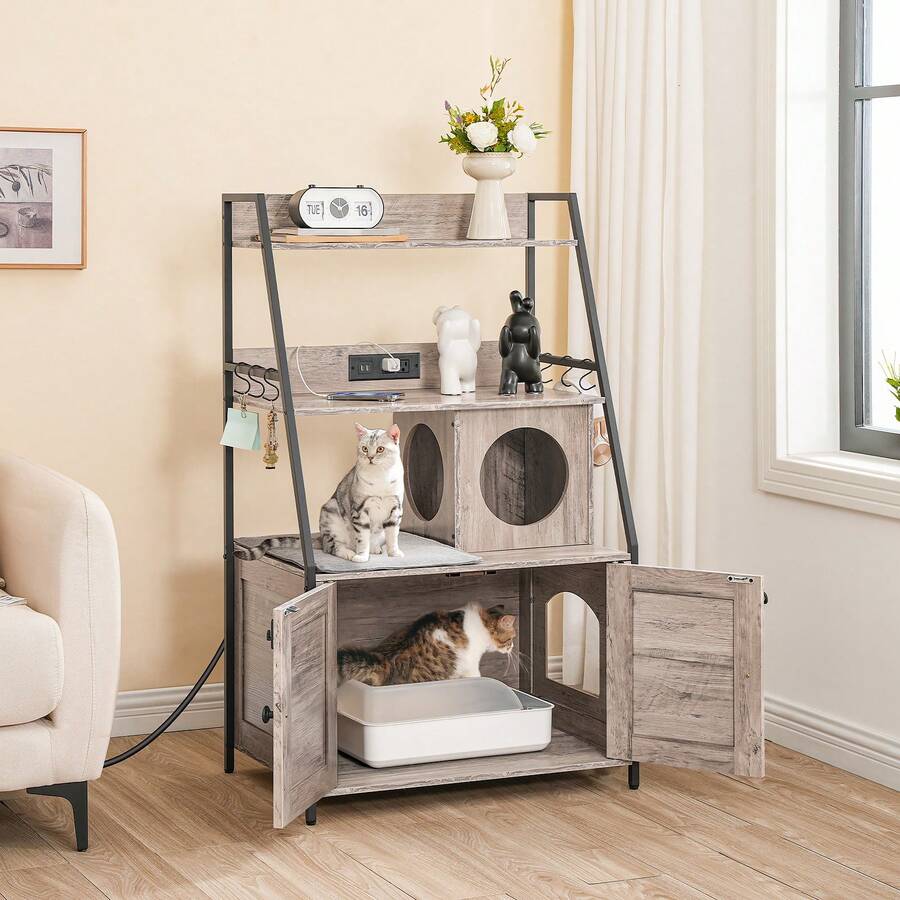 Litter Box Enclosure With 2 Storage Shelves, Tall Cat Litter Box Furniture Hidden With Charging