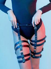1個女士黑色pu皮革四層腿部限制,腰部束帶,吊襪帶,舞蹈服裝配件