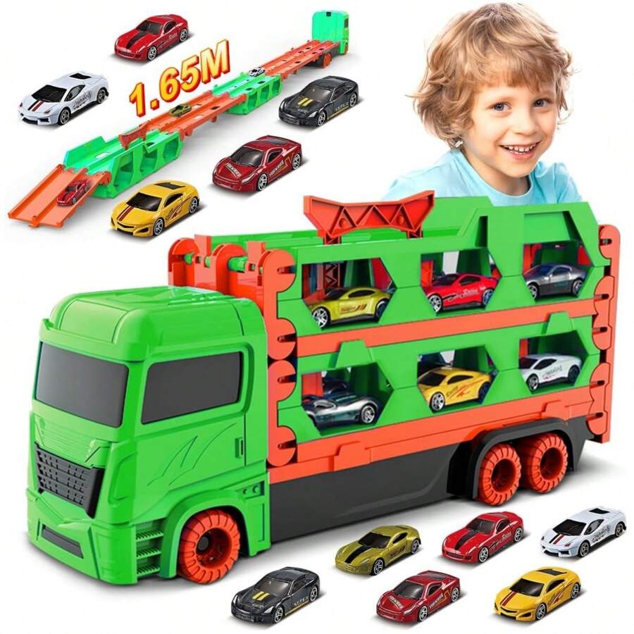 VATOS Coches de Juguete para Camiones de Transporte para Niños de 3, 4, 5, 6 Años, Coche de Juguete con Camión de Carreras Portátil con 6 Coches de Carreras, Juego de Juguetes para Vehículos Transportadores para Niños - Verde - Ver 1
