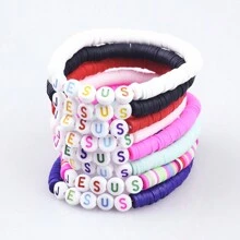 8pcs/Set Colorful Boho Polymer Clay Bracelet Jesus Letter Elastic String Bracelet Soft Pottery Handmade Jewelry Set For Men Women Gift - Multicolor - View 8