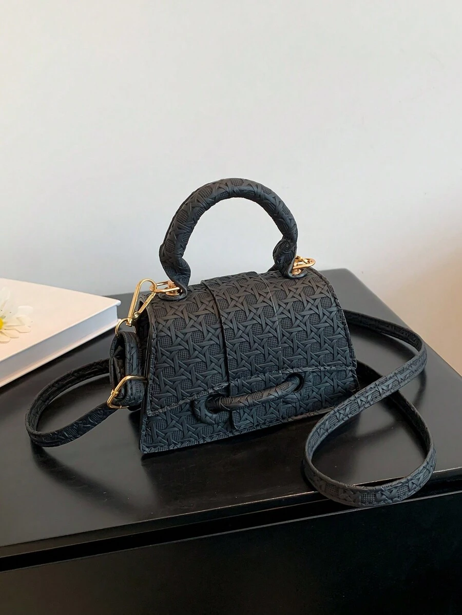 1入女孩迷你純色pu材質扣蓋磁力鎖單手柄肩帶可調節時尚多用手提包,適合日常使用,秋冬季節 - 黑色 - 查看 1