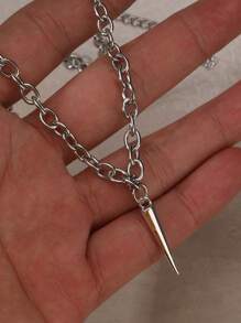 复古哥特式甜美酷炫锥形吊坠项链，不锈钢链条 Y2k 项链，男女款，嘻哈朋克风格锥形吊坠项链，个性化百搭锁骨链 - 銀色 - 查看 3