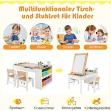 Children's Art Table With 2 Chairs & Side Open Shelf, Children's Furniture Set With Storage Space & Painting Table, Children's Seating Group For Drawing & Writing, For Children's Room Playroom Kindergarten (Nature) - White - View 4