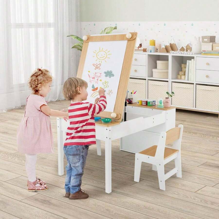 Children's Art Table With 2 Chairs & Side Open Shelf, Children's Furniture Set With Storage Space & Painting Table, Children's Seating Group For Drawing & Writing, For Children's Room Playroom Kindergarten (Nature) - White - View 1