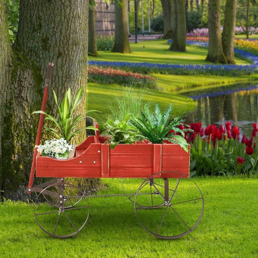 Flower Trolley With Metal Wheels, Wooden Flower Stand, Wooden Trolley For Flowers&Plants, Flower Box, Plant Stand For Garden&Terrace&Outdoor, Shelf For Flower Pot - 紅色 - 查看 1