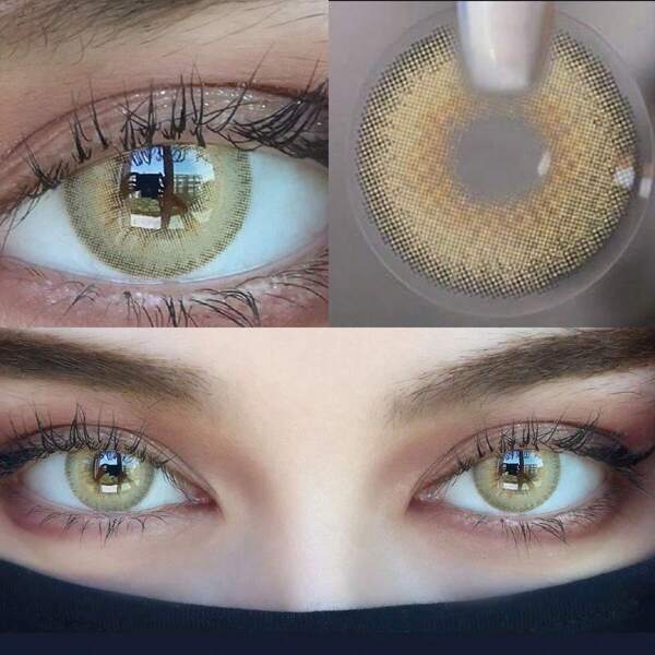 1pair Hokkaido Yellow And Green Colored Contact Lenses With Diameter Of 14.5mm, Makeup For Eyes And Beauty, Annual Disposable Halloween Costume Cosplay