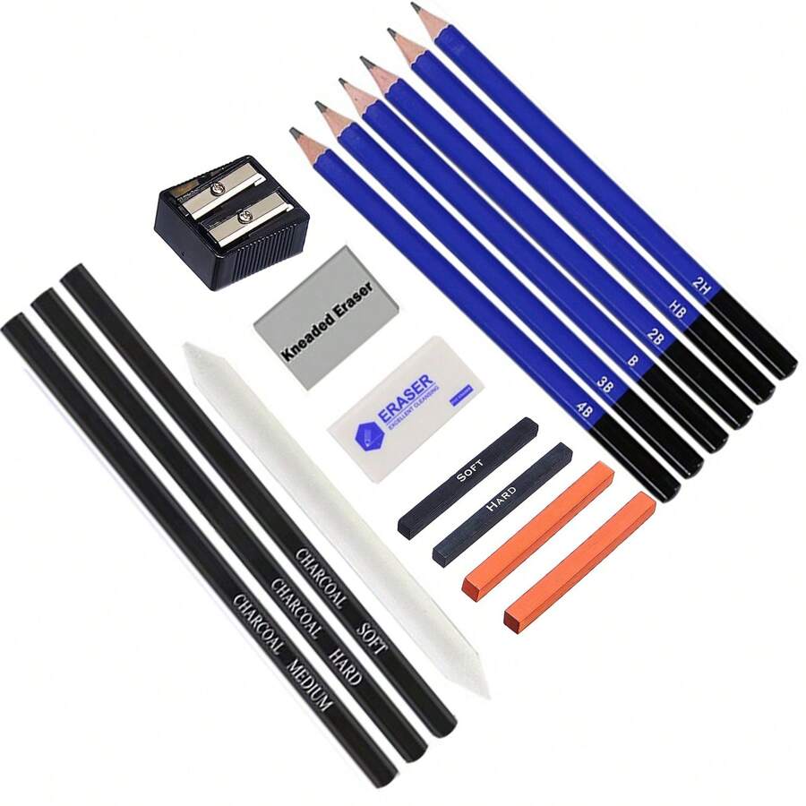 Sketch And Drawing Art Pencil Kit 17 Piece Set Charcoal Stickers Graphite Pencils With Erasers Blender Smudge Stick - Multicolor - View 1