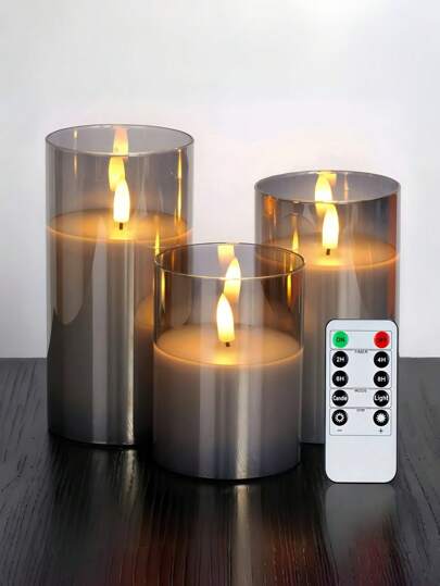 1/3pcs Flameless LED Wax Candles, Realistic Flickering Candles With Timer/Remote Controller, 3D Flame Candles Decor Candles Without Scented Wax Pillar, Suitable For Halloween, Valentine's Day, Christmas, Wedding, Party, Home Decor And Other Holiday Candles, Battery Operated (Grey)