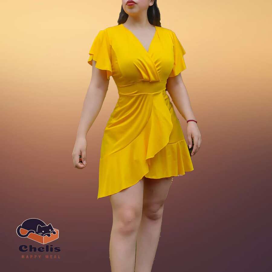 V-Cut Ruffle Dress - イエロー - チェックする 1