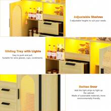 Gurexl 40" RGB Sideboard With Wireless Charging Station,7 Dynamic & 24 Static Dimmable LED Buffet Cabinet With USB-C Ports,Rattan Coffee Bar With 2 Drawers,2 Cabinet,Dark Brown
