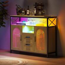 Gurexl 40" RGB Sideboard With Wireless Charging Station,7 Dynamic & 24 Static Dimmable LED Buffet Cabinet With USB-C Ports,Rattan Coffee Bar With 2 Drawers,2 Cabinet,Dark Brown