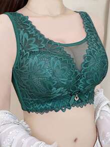 Simple Solid Multiple Butterflies Floral  Lace Bra, Comfy & Breathable Full Coverage Wireless Bra, Women's Lingerie & Underwear - Green - View 1