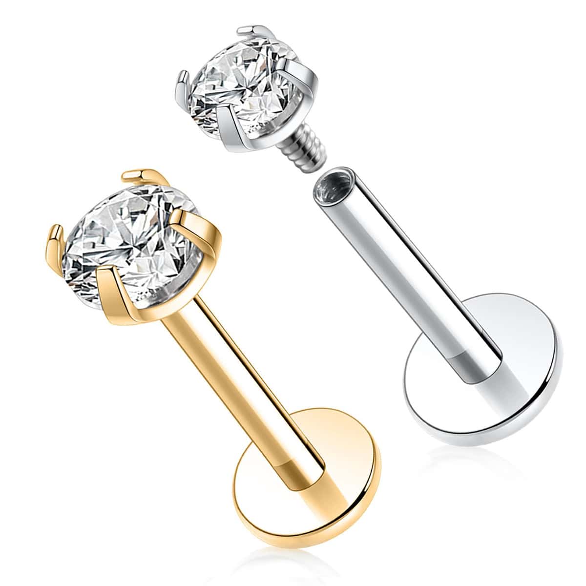 2pcs Stainless Steel  Internal Thread Labret Ear Studs Piercing Jewelry CZ Cartilage Helix Tragus Nose Earrings For Women Lip Stud - Gold - View 1