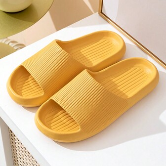 Eva One Belt Anti-Skid Bathroom Slippers, Unisex, Summer, Indoor, Thick Soled, Plain, Couples Slippers, Yellow, 1 Pair
