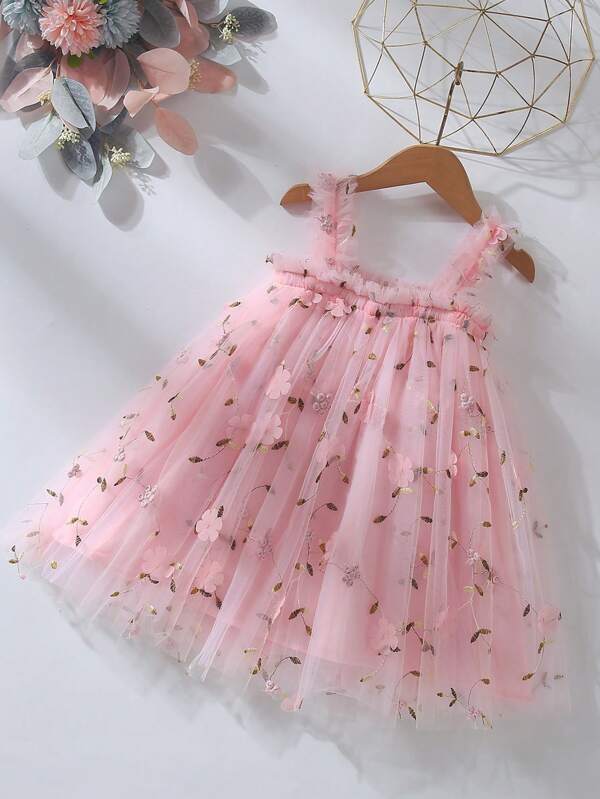 Baby Girls Elegant 3D Floral Embroidery Mesh Spaghetti Strap Dress, Suitable For Wedding, Birthday, Vacation