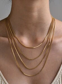 1 Pieza Collar Sencillo Para Mujer De Cadena Tipo Serpiente Cuadrada Delgada En Acero Inoxidable Chapado En Oro De 18k - collar de cadena - Ver 1