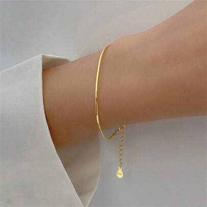 1pc 925 Silver Plated Gold-color Simple Snake Bone Single Chain Bracelet Suitable For Women's Daily Wear