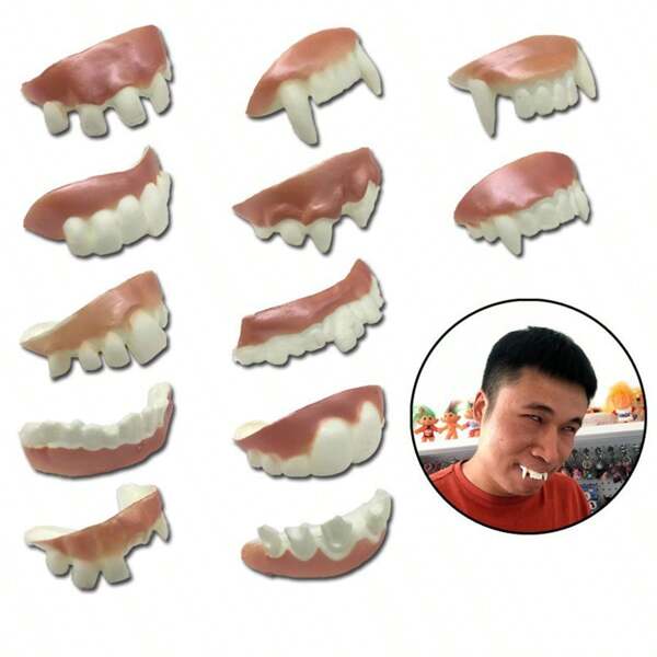12pcs/Package Spoof Prank Toys Fake Vampire Teeth, Zombie Crooked Teeth For Funny Party Costume Props