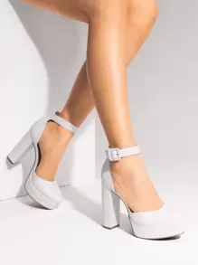 Women's High Chunky Heels Pumps Elegant Solid Color Platform Ankle Strap Dress Round Closed Toe Wedding Party  Fashionable Comfortable Shoes - trắng - Xem 4