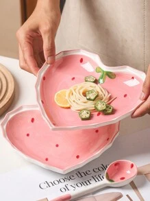 1set Ceramic Strawberry Shaped Bowl, Spoon And Plate Set, Heart Shaped Dish, Salad Bowl, Dessert Dish, Tableware For Home Use,Kitchen,Christmas Gift,School Supplies - Pink - View 6