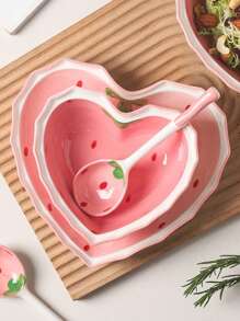 1set Ceramic Strawberry Shaped Bowl, Spoon And Plate Set, Heart Shaped Dish, Salad Bowl, Dessert Dish, Tableware For Home Use,Kitchen,Christmas Gift,School Supplies - Pink - View 5