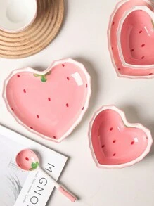 1set Ceramic Strawberry Shaped Bowl, Spoon And Plate Set, Heart Shaped Dish, Salad Bowl, Dessert Dish, Tableware For Home Use,Kitchen,Christmas Gift,School Supplies - Pink - View 8