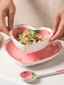 1set Ceramic Strawberry Shaped Bowl, Spoon And Plate Set, Heart Shaped Dish, Salad Bowl, Dessert Dish, Tableware For Home Use,Kitchen,Christmas Gift,School Supplies - Pink - View 9