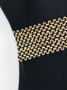 One-Piece Black Swimsuit With Gold Weave Detail For Summer Beach - Black - View 9