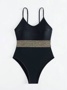 One-Piece Black Swimsuit With Gold Weave Detail For Summer Beach - Black - View 11