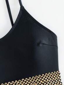 One-Piece Black Swimsuit With Gold Weave Detail For Summer Beach - Black - View 8