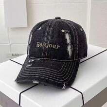 1pc Unisex Solid Color Bonjour Letter Embroidered Fashionable Sun Visor Baseball Cap, Suitable For Daily, Outdoor, Street, Travel Use