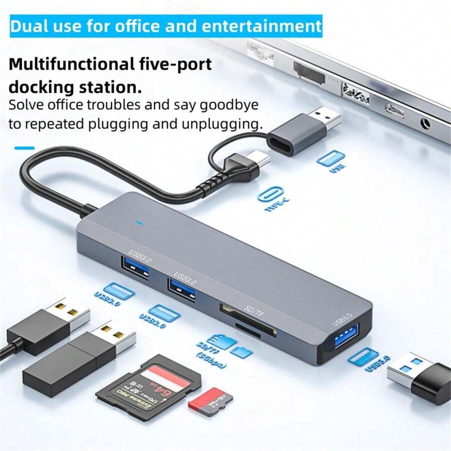 ADS-310D Multiple Interface Expansion Multifunctional Five-Port Docking Station USB 3.0 SD TF USB 3.0 Card Reader Laptop Ports Expansion - Grey - View 1