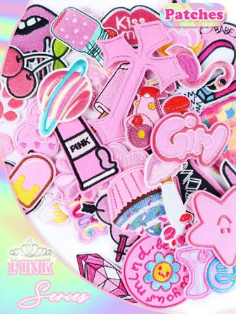 20pcs Random Pink Cartoon Style Iron-On/Sew-On Patches For Clothes, Bags, Shoes, Hats, Etc.