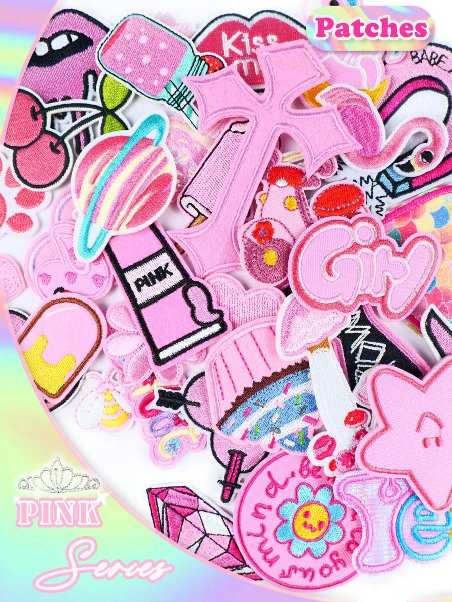 20pcs Random Pink Cartoon Style Iron-On/Sew-On Patches For Clothes, Bags, Shoes, Hats, Etc. - Multicolor - View 1
