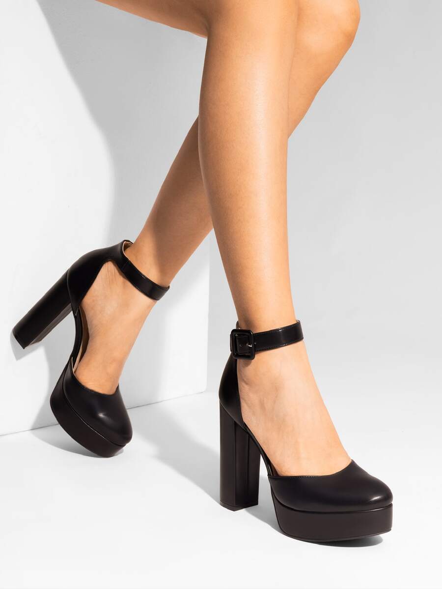 Women's High Chunky Heels Pumps Elegant Solid Color Platform Ankle Strap Dress Round Closed Toe Wedding Party Fashionable Comfortable Shoes - 黑色 - 查看 1