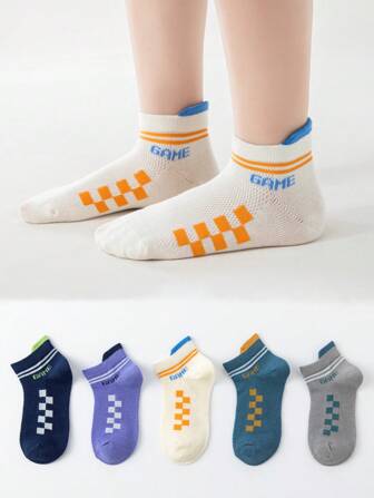 5對/套男孩春夏季多色棋盤格紋&肋紋休閒網紗襪 (1-2)(2-3)(3-8)歲