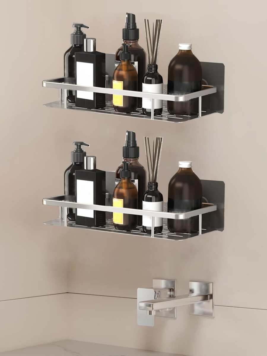 1pc Wall Mounted Suction Cup Shelf For Toilet, Bathroom Vanity, Kitchen, Shower Caddy - Silver Trumpet - View 1