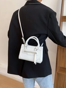 1 Cartera Para Teléfono De Material Pu Sólido Con Cierre De Cremallera, Bandolera/minibolso Cuadrado De Mano Elegante Y Moderno Para Uso Diario De Las Mujeres - Blanco - Ver 3