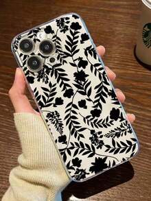 1入透明防摔手機殼，設有黑色花朵、樹枝和葉子圖案，適用於iPhone - 無色 - 查看 1