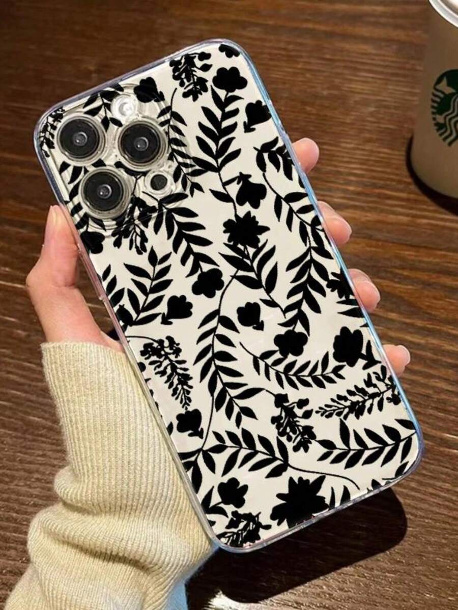 1入透明防摔手機殼，設有黑色花朵、樹枝和葉子圖案，適用於iPhone - 無色 - 查看 1