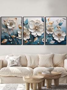 3入組現代3d花卉油畫海報帆布藝術印刷品,無框架,適用於臥室、客廳、書房、餐廳和其他場所裝飾 - 彩色 - 查看 4