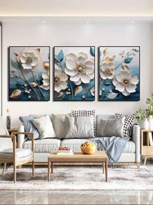 3入組現代3d花卉油畫海報帆布藝術印刷品,無框架,適用於臥室、客廳、書房、餐廳和其他場所裝飾 - 彩色 - 查看 1