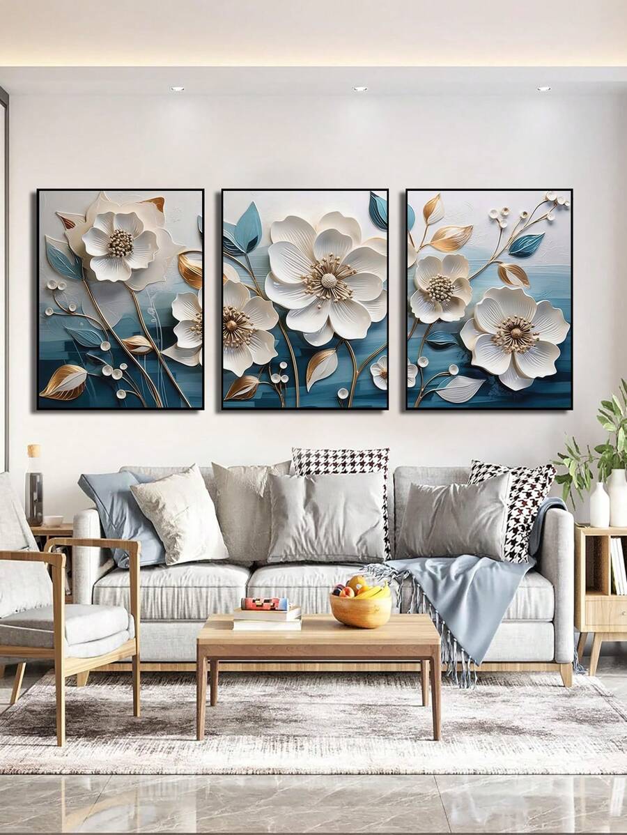 3入組現代3d花卉油畫海報帆布藝術印刷品,無框架,適用於臥室、客廳、書房、餐廳和其他場所裝飾 - 彩色 - 查看 1