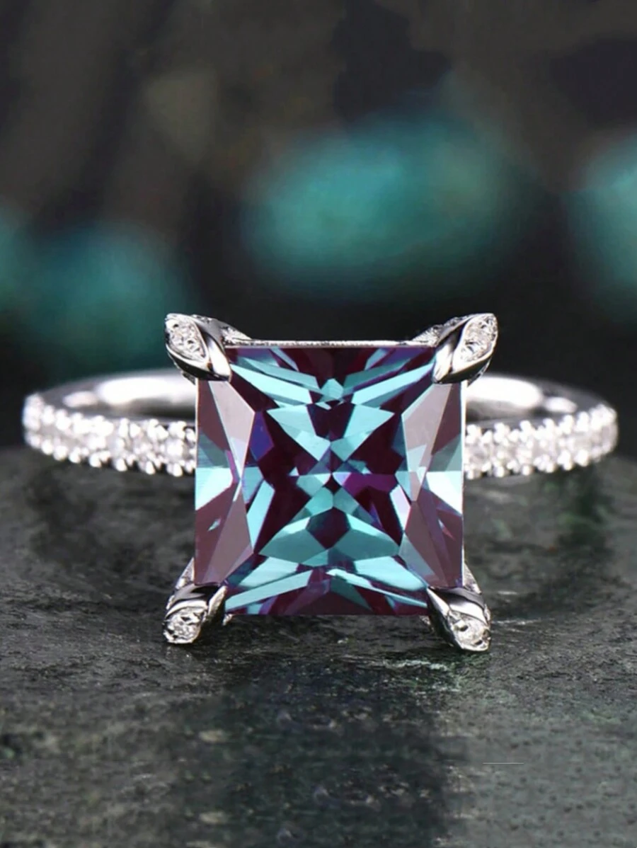 1個女性專用方形藍色立方氧化鋯戒指,優雅時尚,適合日常佩戴和其他場合 - 銀色 - 查看 1