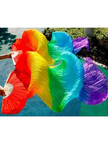 1 par de abanicos de seda para danza del vientre de 1.8 m, abanico largo de bambú para baile nacional - siete colores - Ver 4