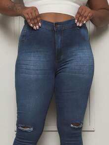 Plus Size Jeans - 深色水洗藍 - 查看 5