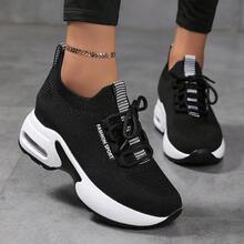 Women's Platform Wedge Sneakers, High Heeled & Mesh Design, Spring/Autumn Travel Shoes - Black and White - View 4