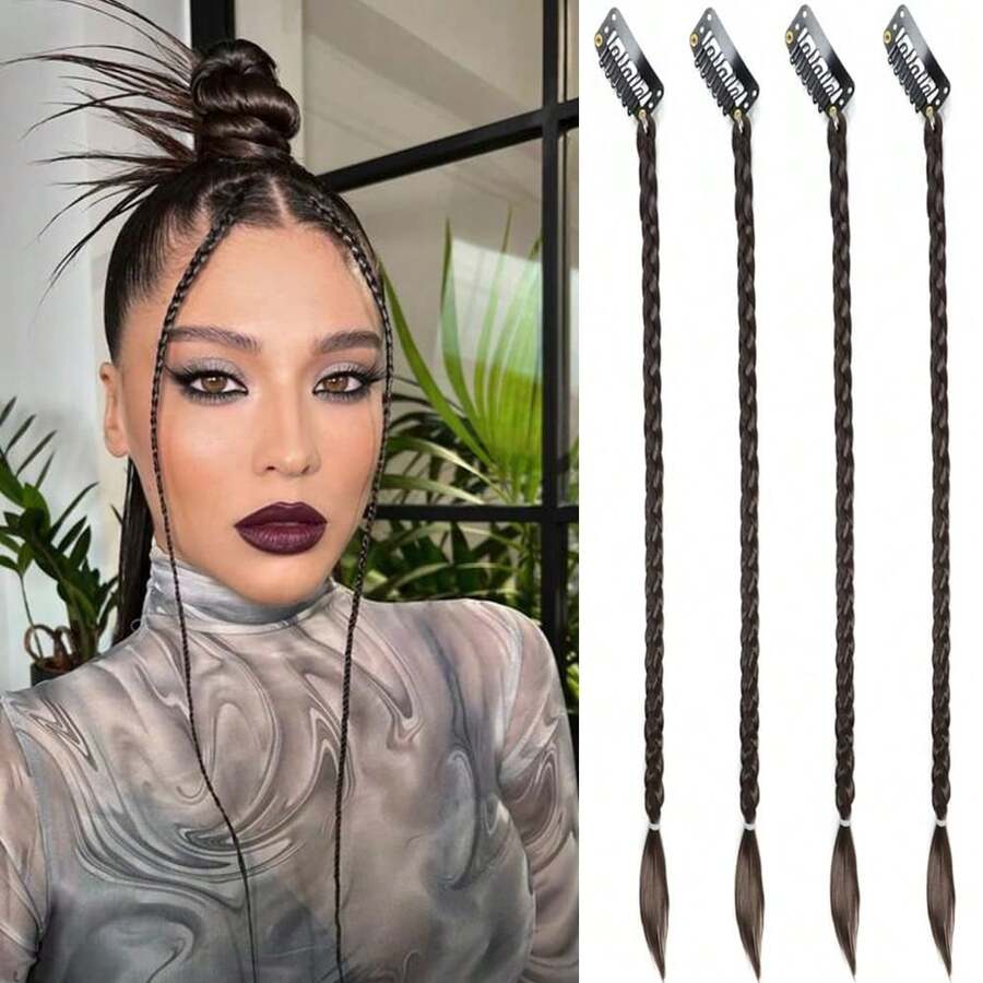 18.9 Inches 4pcs Braided Clip-In Hair Extensions For Baby Girls, Featuring Front Bangs And Side-Swept Bangs, Long Braids, Soft & Natural Synthetic Hair, Suitable For Women Daily Wear