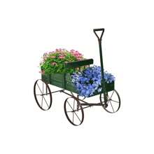 Flower Trolley With Metal Wheels, Wooden Flower Stand, Wooden Trolley For Flowers&Plants, Flower Box, Plant Stand For Garden&Terrace&Outdoor, Shelf For Flower Pot - Green - View 2
